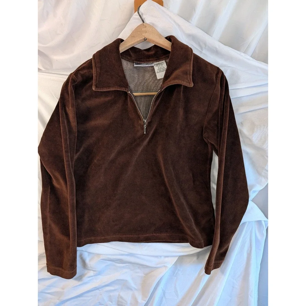 VTG Velour Velvet Brown 70s 1/4 Zip long sleeve Talon Disco Mens M vintage JMX